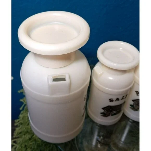 1970's Plastiques Inc Cream, Sugar, Salt, & Pepper Kitchen Set Vintage White - Picture 5 of 12